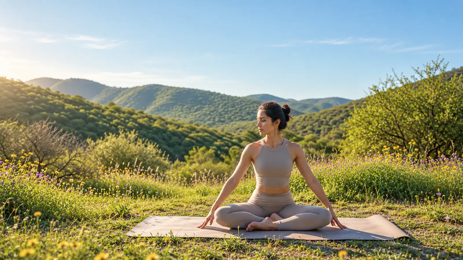 Práctica de yoga al aire libre entre flores y montañas